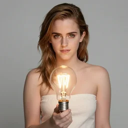 emma watson with the body of a light bulb that is lit with filament glowing, 8 k