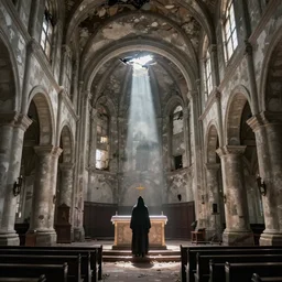 abandoned church interior, early 1 8 0 0 ’ s, light beaming in through a crack on the ceiling, a mysterious figure stands on the alter, ultra realistic, 8 k, movie still