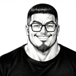 highly detailed ink illustration of a buff smiling man with long stubble, muscular neck, rectangular square shaped glasses and a black bowl cut, wearing a black tshirt, b & w clean shaped illustration by kim jung gi, jamie hewlett and eiichiro oda