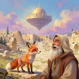 a adorable small fox in the huge ruins of the second temple in jerusalem at a distance, dreamy sky. the third temple hovers quietly hiding in the sky above, in the foreground we see a man in a hooded tunic and a long white beard laughing, colorful painting 8 k, art station, intricate superb details, digital art, cinematic blur bokeh defocus dof sky by afremov.