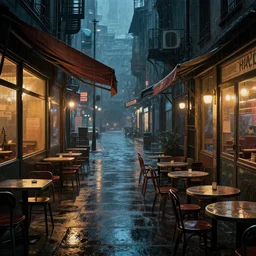 empty cafes on a rainy night in a cyberpunk city street by giorgio de chirico