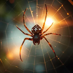 a spider building a web ultra realistic, lens flare, atmosphere, glow, detailed, intricate, full of colour, cinematic lighting, trending on artstation, 4 k, hyperrealistic, focused, extreme details, unreal engine 5, cinematic, masterpiece, ultra realistic, hyper realistic, highly detailed, sharp focus, digital art