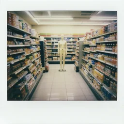 polaroid photograph of the inside of an empty convenience store, liminal space, lonely, mannequins, black mold, cinematic, 3 5 mm, raw, unedited, 8 k, hd, the fifth element
