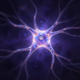 neuron in the center, iridescent radiant light in darkness, digital painting, artstation, fine detail, dark purple and blue color