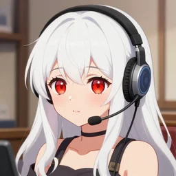 high quality visual of a cute girl, with red eyes!!!! and long white hair!!!! wearing a headset in her room interior, art by ilya kuvshinov, crunchyroll, pixiv, danbooru, hd, detailed anime face