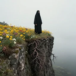 a cloaked woman stands on a cliff edge of flowers, below the cliff are terrifying roots and thorns, by mike davis