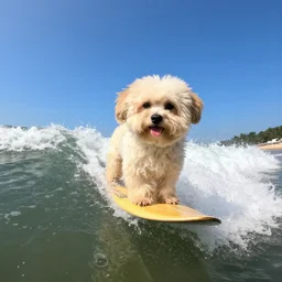 a cream-colored havanese dog big wave surfing, gopro photo, 4k
