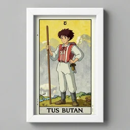 the fool tarot card as drawn by studio ghibli, whole card, white frame