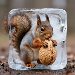 a squirrel eating a huge nut trapped in an ice cube photograph