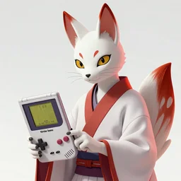 young albino kitsune maiko  playing gameboy by hiroaki samura, unreal engine octane, red highlights,  portrait,detailed,