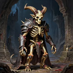 A little vibrant. A spiked horned detailed semiork-semihuman skeleton with armored joints stands in a large cavernous dark castle with a pebble in hands. Wearing massive shoulderplates, cloak. Extremely high details, realistic, fantasy art, solo, masterpiece, bones, ripped flesh, colorful art by Zdzisław Beksiński, Arthur Rackham, Dariusz Zawadzki, Harry Clarke