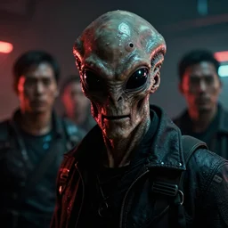 film still of closeup alien observer of human society in blade runner 2 0 4 9, cinematic, moody, gritty neon noir by emmanuel lubezki