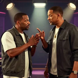 in the style of gta v, chris rock is arguing with will smith, shadow harsh lights, dramatic scene, hyper detailed, digital art, trending in artstation, cinematic lighting, studio quality, smooth render, unreal engine 5 rendered, octane rendered, volumetric lightening,