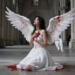 a young woman with wings made of blood, in an empty cathedral holding a knife to her chest, sideways, on her knees, wearing a white dress, sharp focus, high contrasts, full body, establishing shot, sense of awe, fantasy, concept art, dreamlike