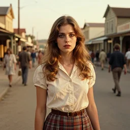a beautiful but creepy young woman standing on a busy street in a country town in the 1 9 7 0 s, seventies, golden hour, painterly, offset printing technique, by alexandre cabanel