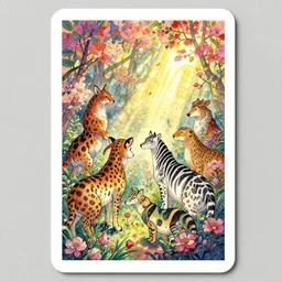 dixit card, animals, spots, stripes, intricate, amazing composition, colorful watercolor, by ruan jia, by maxfield parrish, by shaun tan, by nc wyeth, by michael whelan, by escher, illustration, gravity rush, volumetric, bloom, sunbeam, dappled