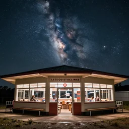 late night diner, viewed from the outside, background milky way in the sky