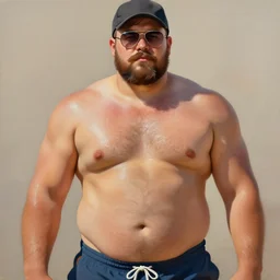 painting of a bulky young man with toned muscles wearing aviator glasses and swim shorts and a baseball cap, with dense brown stubble and a thick moustache, sparse chest hair,by Jeremy Mann, stylized, detailed, realistic, warm tones, summer vibes, glistening skin, loose brush strokes