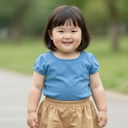 a cute, pretty, plump, overweight, 1 3 - year - old american girl with short hair wearing a blue top and a tan skirt smiling. 4 k. realistic. detailed.