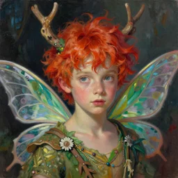 colorful and Festive Captivating Fairy boy with red hair portrait, atmospheric lighting, painted, intricate, highly detailed by Charlie Bowater