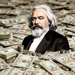 karl marx counting piles of money, colorized