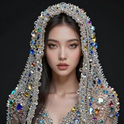 digital matte painting of a beautiful young woman, draped in crystals, by michael hussar, intricate, colorful