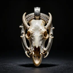 an intricate pendant made out of bones, studio photography, black background
