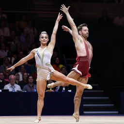 rachel riley and jimmy carr as acrobats, photorealistic, highly detailed