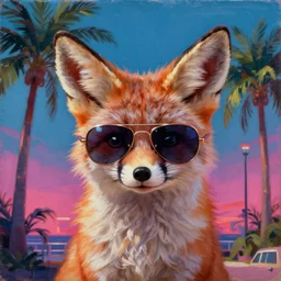 fennec fox, palm trees, furry, aviator sunglasses, synthwave style, artstation, detailed, award winning, dramatic lighting, miami vice, oil on canvas, 4k