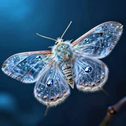 high quality close-up photo sheer furry moth! jewelled gorgeous! highly detailed david ligare elson peter cinematic blue neon lighting high quality low angle hd 8k sharp shallow depth of field