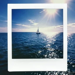 analog polaroid of the ocean with one single sail boat in the distance, azure blue ocean, bright sunlight, lens flare