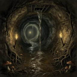 waist - deep flooded sewer tunnels. fantasy art, underground, stream, musty, damp, sewage, darkness, sewage falling from grates, underground, catacombs, abandoned spaces, torchlight. sketch art earthdawn campaign setting. myth drannor. parlainth. roots, mud, mushrooms, d & d.