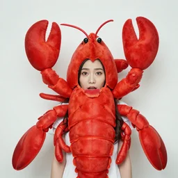 a woman wearing a convincing lobster costume