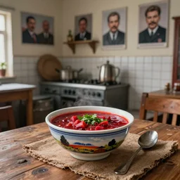 landscape borsch in old table in old ussr kitchen with picture stalin in walls, by nicoletta ceccoli, mark ryden, lostfish, max fleischer, depth of field, detailed and intricate environment, 8 k resolution, hyperrealistic, octane render, no human