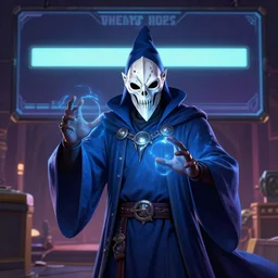 a wizard wearing a white plague mask with a blue robe using a magical spell, white plague doctor mask, d & d character design art, gta cover art, gta loading screen art, digital art, unreal engine 5