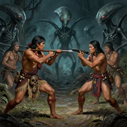 old photo of native filipinos fighting off aliens, detailed intricate illustration, dark atmosphere, detailed illustration, hd, 4 k, digital art, overdetailed art, by greg rutkowski, by loish, complementing colors, trending on artstation, deviantart