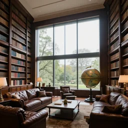 large room private library with floor to ceiling windows, dark wood, leather couches, large globe, caravaggio, artstation, beautiful, soft lighting, highly detailed, study,