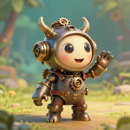 a tiny cute steampunk monster with cogs screws big eyes smiling waving, back view, isometric 3 d, ultra hd, character design by mark ryden pixar hayao miyazaki, unreal 5, daz, hyperrealistic, octane render, cosplay, rpg portrait, dynamic lighting, intricate detail, summer vibrancy, cinematic, centered