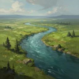 ''a very mediocre and not so detailed portrait of a river running through the plains, league of legends, lol, fantasy, d & d, digital painting, artstation, concept art, illustration, art by greg rutkowski and alphonse mucha''