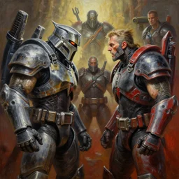 doomguy and masterchief face off, hell, 8 k, stunning detail, works by artgerm, oil on canvas by gerald brom and greg rutkowski, michael cheval, peter murbacher, boris vallejo, jessica rossier, cinematic lighting, high detail, masterpiece, a lot of wow, artstation headquarters