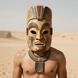 aztec man wearing a wooden tribal mask, tribe photography