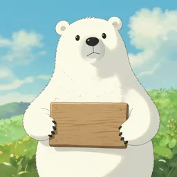 cute anime polar bear holding a sign, studio ghibli, digital art, high quality, beautiful illustration, anime