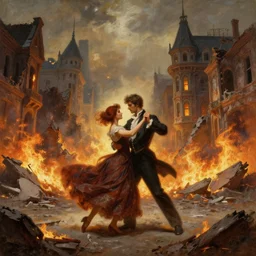 concept art of a couple dancing in the middle of ruins of a victorian city surronded by fire, by j. c. leyendecker, wlop, ruins, dramatic, octane render, epic painting, extremely detailed