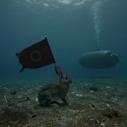 rabbit holding a flag in an underwater desert. a submarine is visible in the distance. dark,, cinematic, dramatic, atmospheric, 8 k, fish, low visibility, fog, ocean floor, film still scene of christopher nolan interstellar