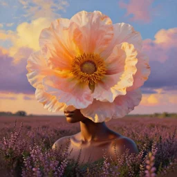 closeup, giant flower as head, an african woman in heather field, surreal photography, golden hour, colorful clouds, impressionist painting, digital painting, artstation, simon stalenhag