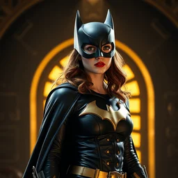 film still of katie mcgrath as superheroine in the new batgirl movie, black cape, black leather, gold belt, movie still 8 k, batcave