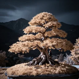 award winning infrared photography of andy lee, manicured bonsai tree with mountains in background, moody, dramatic lighting, volumetric lighting, rule of thirds, long exposure