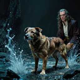 the dog monster, water caustics, film still from the movie directed by denis villeneuve and david cronenberg with art direction by h. r. giger and salvador dali