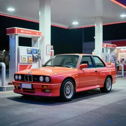 a bmw m3 e30 parked in a gas station, vaporwave