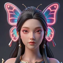 a 3 d model of an exotic beautiful woman with a neon butterfly head, fixed eyes, perfect eyes, perfect symmetrical lips, unreal engine, cinema 4 d, intricate details, 8 k, ultra realistic, super detailed, octane, ray tracing, artstation, beeple, 3 d model, style of uncharted, final fantasy, the legend of zelda